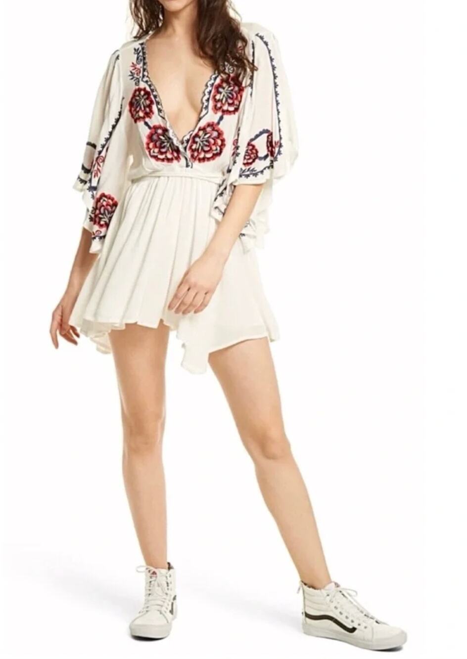 FREE PEOPLE Cora Embroidered Floral Cotton Gauze Mini Dress Size M